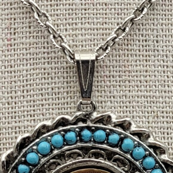Vtg. 1907 USA Indian Head Penny And Turquoise Pendant Necklace Silver-Tone 24 In - Picture 3 of 9